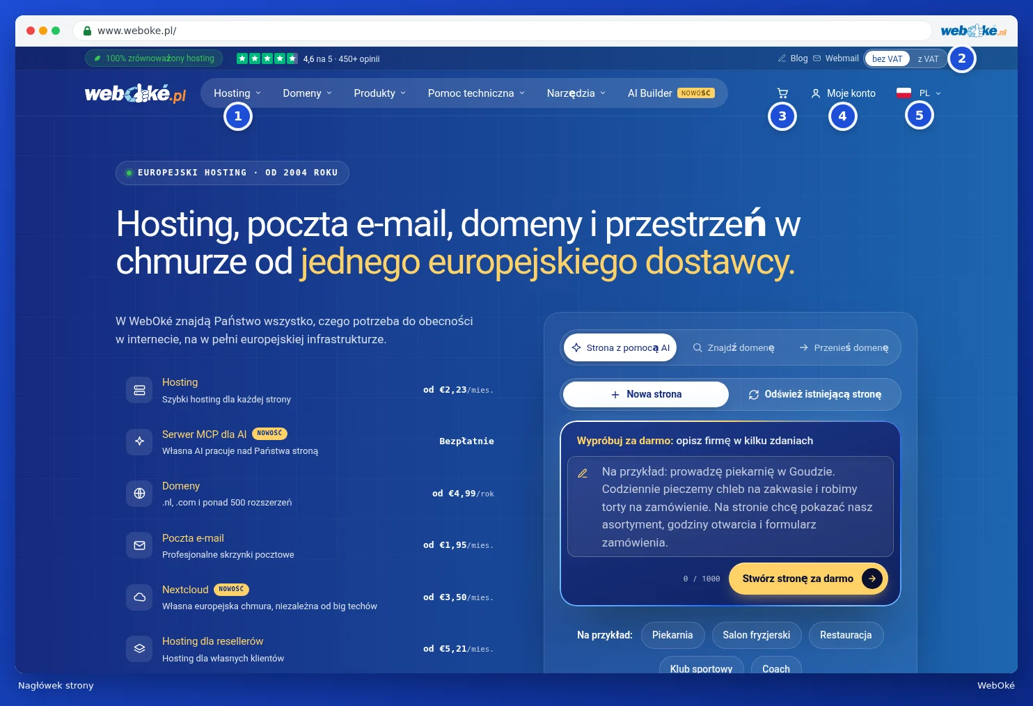 Nagłówek strony WebOké
