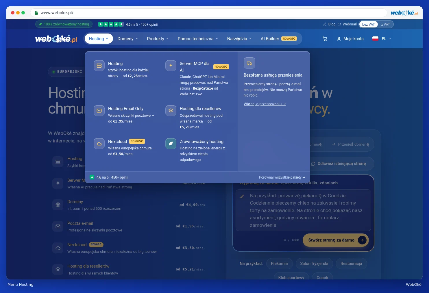 Rozwinięte menu Hosting