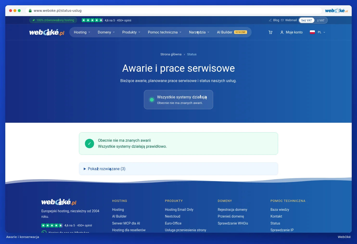 Strona Awarie i prace serwisowe