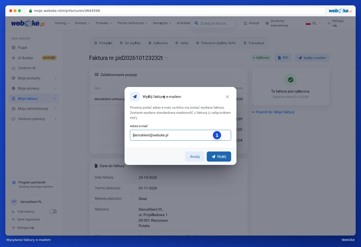 Okno Wyślij fakturę e-mailem z adresem e-mail
