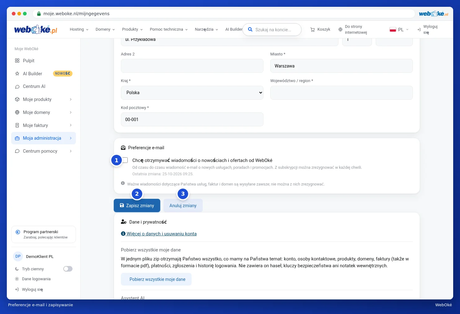 Preferencje e-mail oraz przyciski Zapisz zmiany i Anuluj zmiany