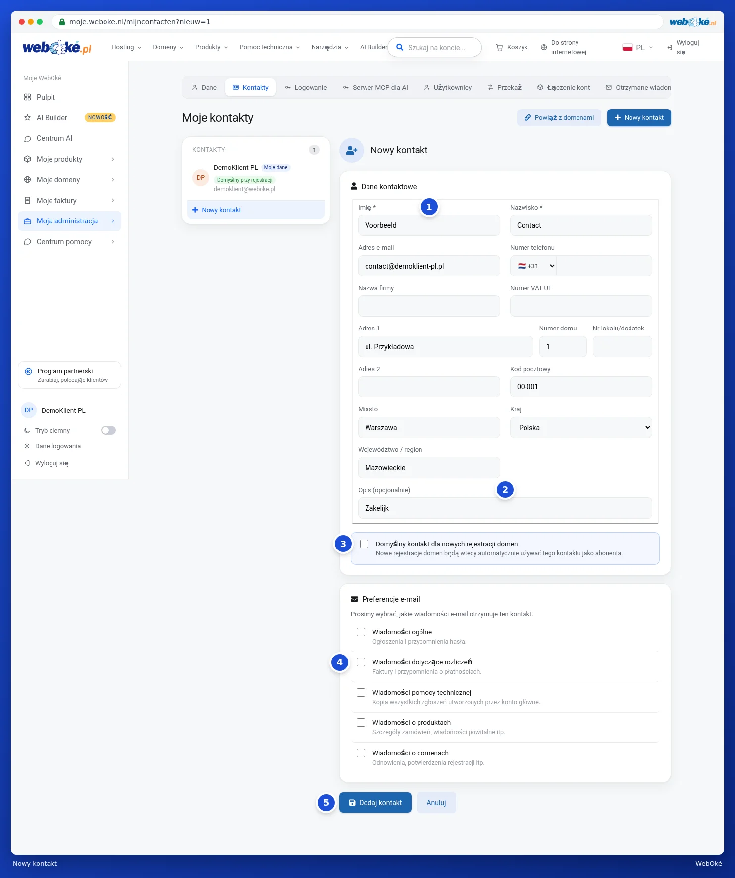 Formularz Nowy kontakt z danymi, opisem i preferencjami e-mail