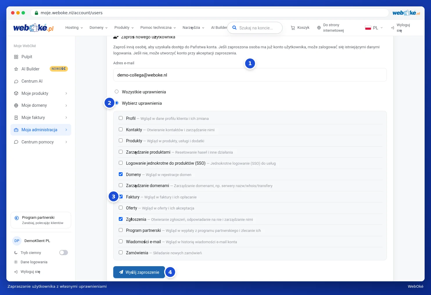 Formularz zaproszenia z opcją Wybierz uprawnienia i listą pól wyboru
