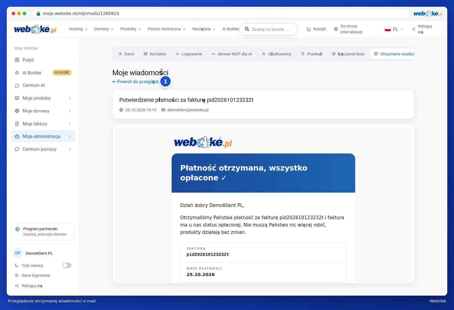 Otwarte potwierdzenie płatności w Moje WebOké