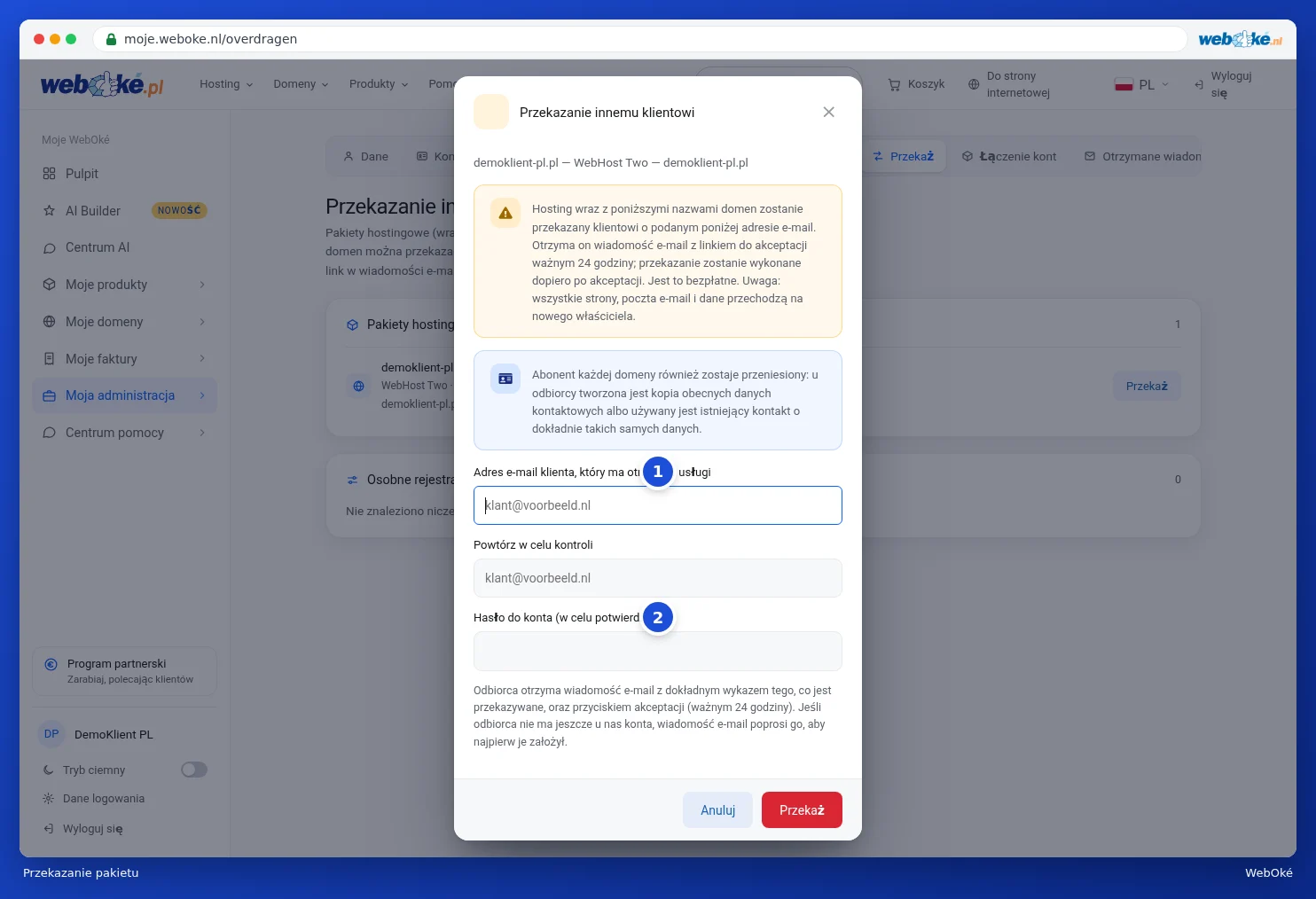 Okno Przekazanie innemu klientowi z adresami e-mail i hasłem