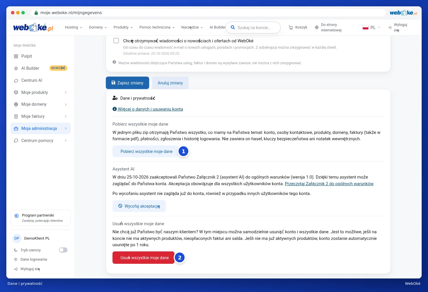 Blok Dane i prywatność z opcjami pobierania, asystenta AI i usuwania