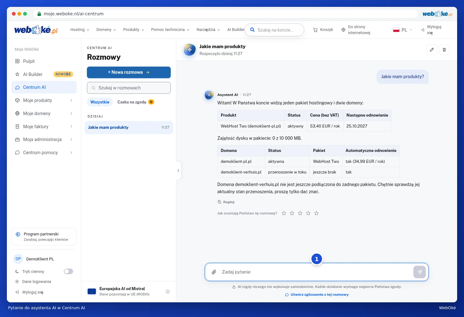 Rozmowa w Centrum AI z pytaniem Jakie mam produkty oraz odpowiedzią