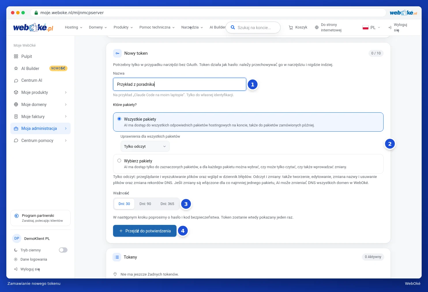 Formularz Nowy token z nazwą, pakietami, uprawnieniami i ważnością