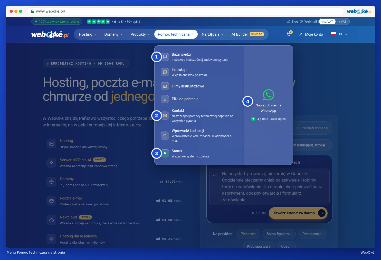 Otwarte menu Pomoc techniczna na stronie internetowej z bazą wiedzy, instrukcjami, filmami instruktażowymi, plikami do pobrania, kontaktem, kodem akcji i statusem