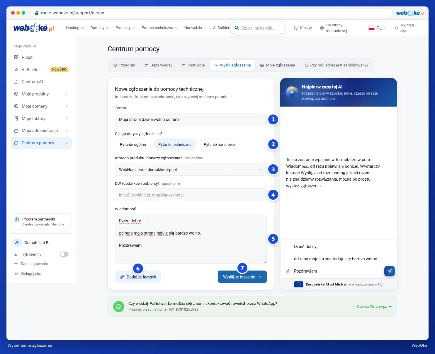 Wypełniony formularz Nowe zgłoszenie z tematem, rodzajem pytania, produktem, DW i treścią wiadomości