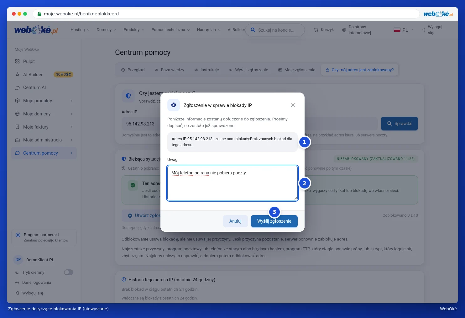Okno Zgłoszenie dotyczące blokady IP z informacjami o IP, polem Uwagi i przyciskami
