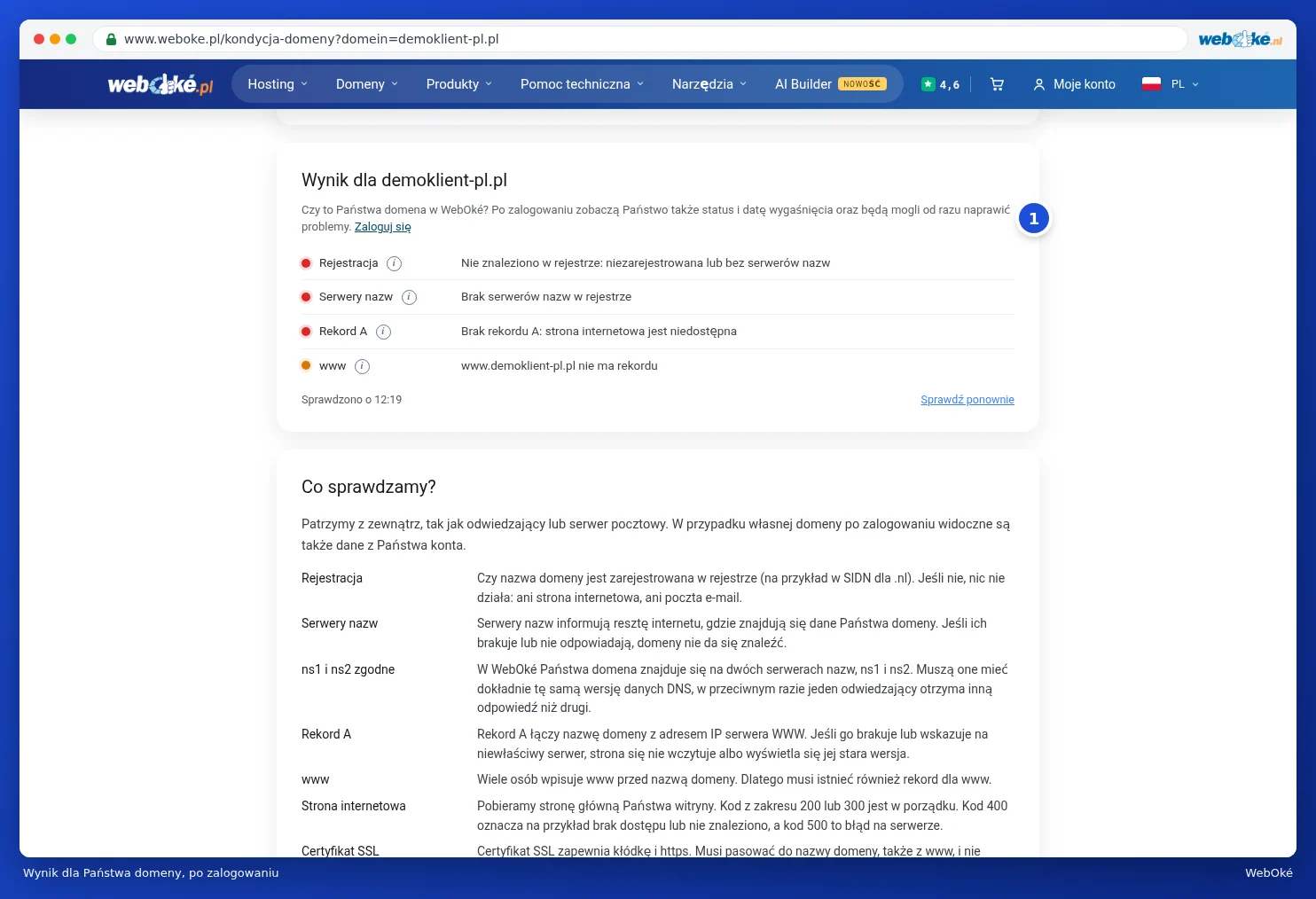 Wynik dla własnej domeny klienta demonstracyjnego, z informacjami o statusie, wygaśnięciu, kwarantannie i pakiecie hostingowym