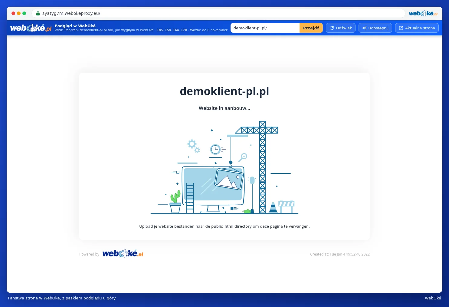 Strona internetowa klienta demonstracyjnego u WebOké z niebieskim paskiem podglądu na górze