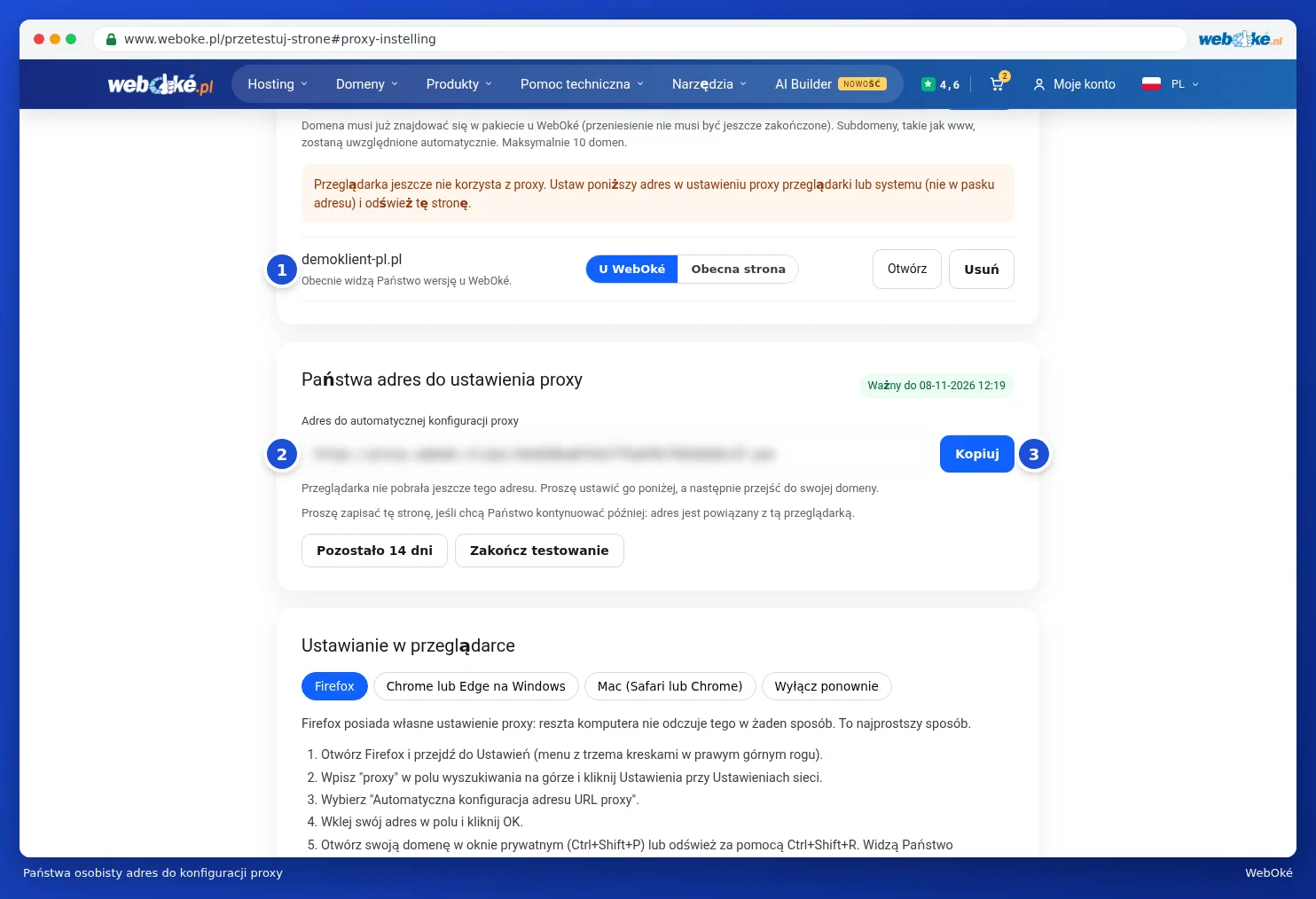 Dodana domena, osobisty adres proxy z przyciskiem Kopiuj oraz przyciski do przedłużenia lub zakończenia