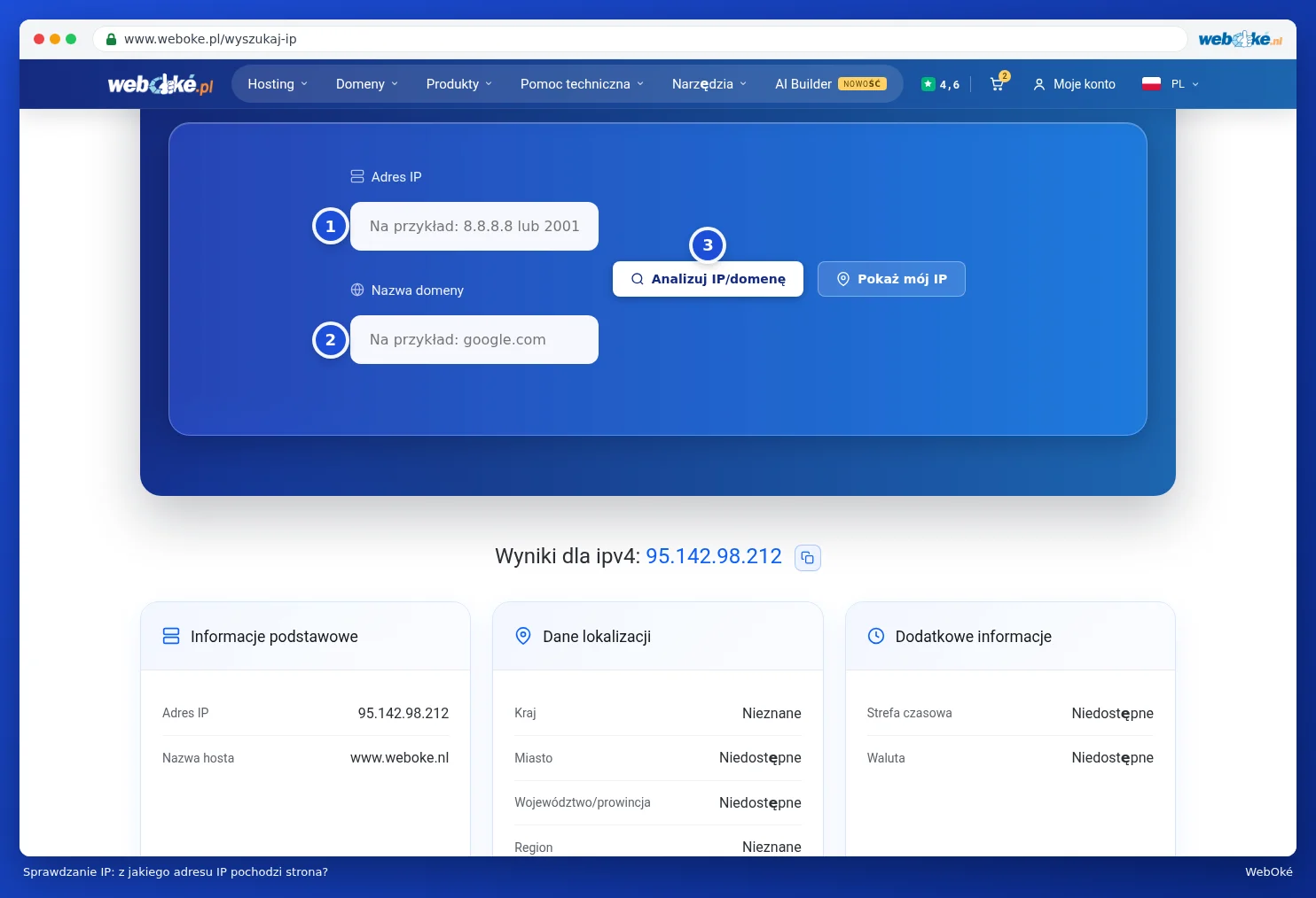 Narzędzie Sprawdzanie IP z polami Adres IP i Nazwa domeny oraz wynikiem dla www.weboke.nl