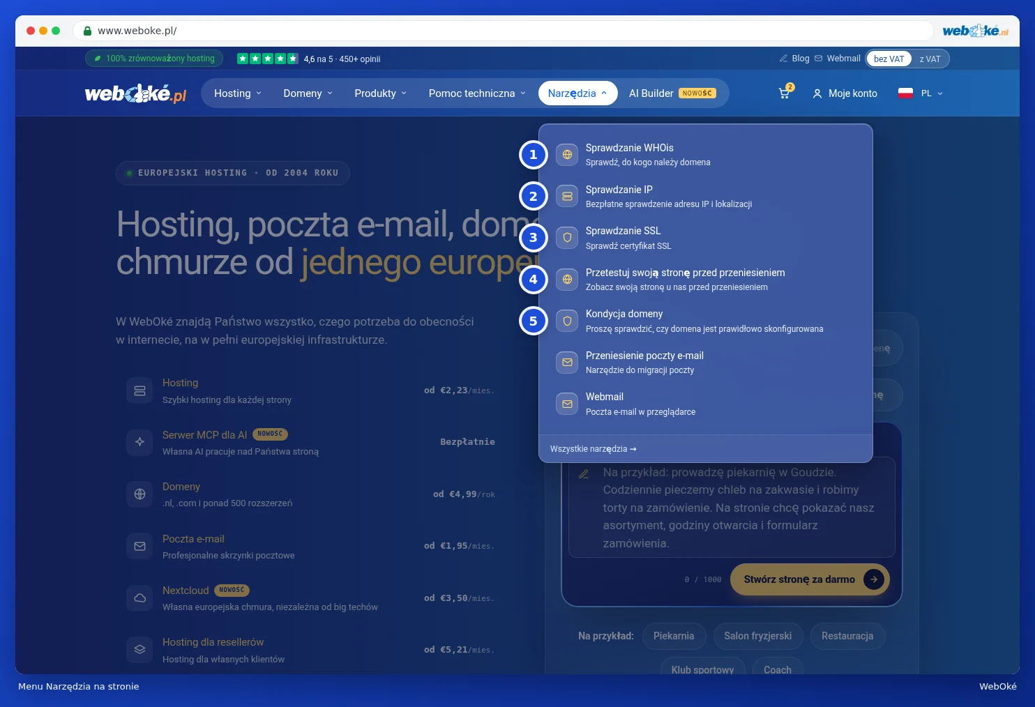Otwarte menu Narzędzia na stronie internetowej z opcjami Sprawdzanie WHOis, Sprawdzanie IP, Sprawdzanie SSL, Przetestuj swoją stronę przed przeniesieniem i Kondycja domeny