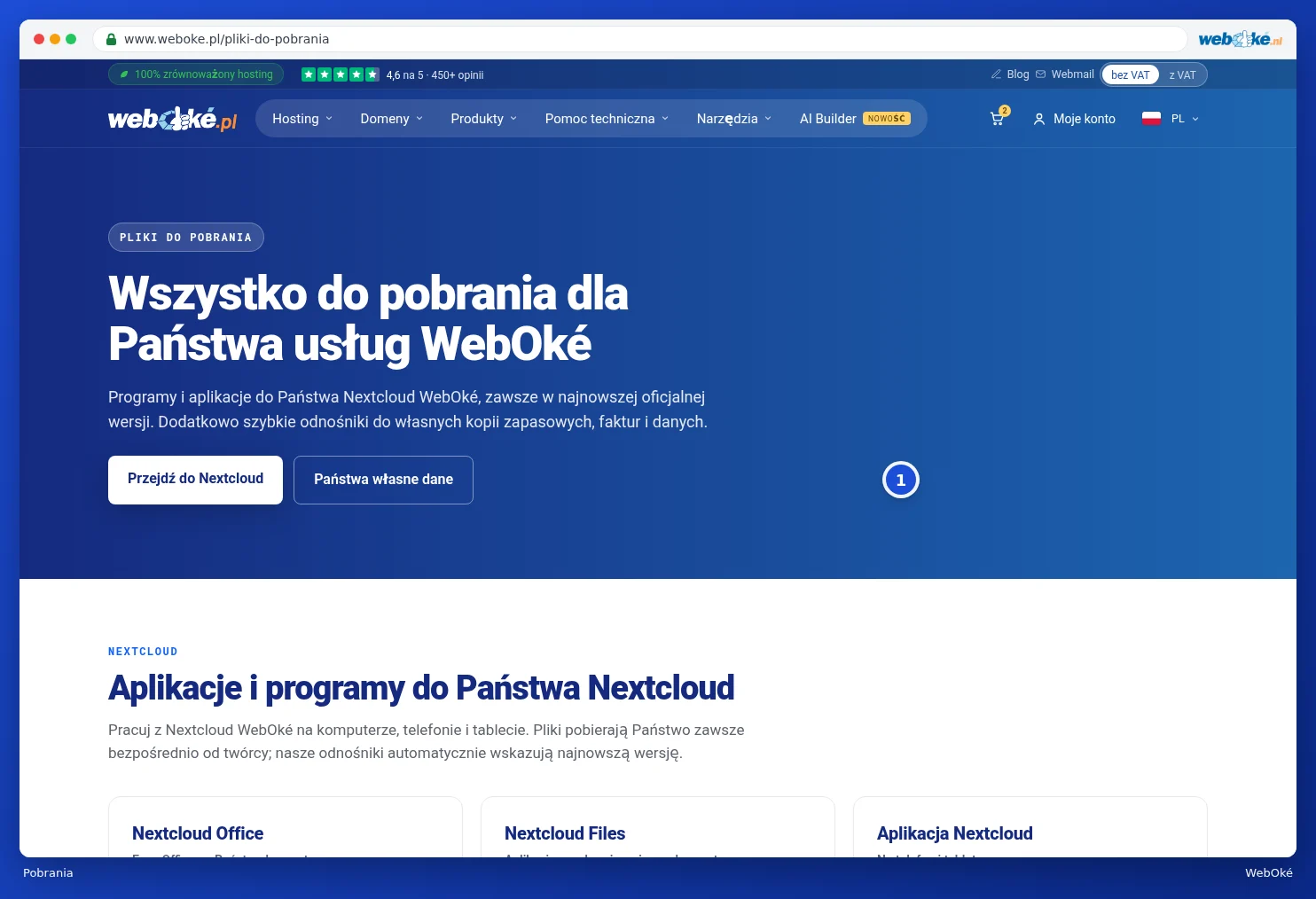 Górna część strony Pobrania z przyciskami Do Nextcloud i Własne dane