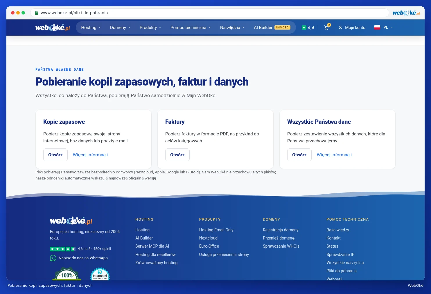 Karty Kopie zapasowe, Faktury i Wszystkie Państwa dane z przyciskami Otwórz