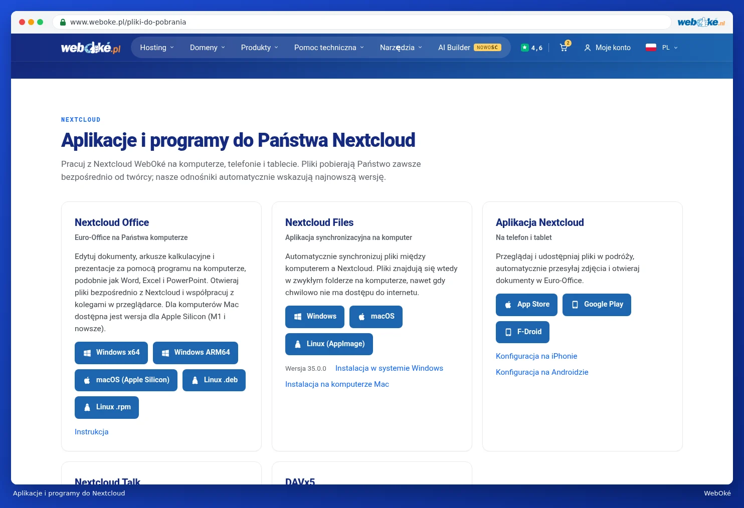Karty z aplikacjami i programami do Nextcloud z przyciskami pobierania dla poszczególnych systemów