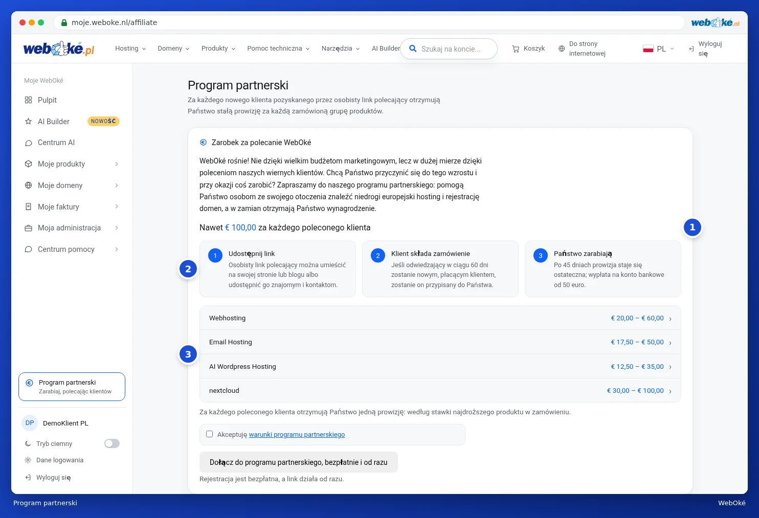 Strona Program partnerski z wyjaśnieniem, trzema krokami oraz prowizją dla poszczególnych grup produktów