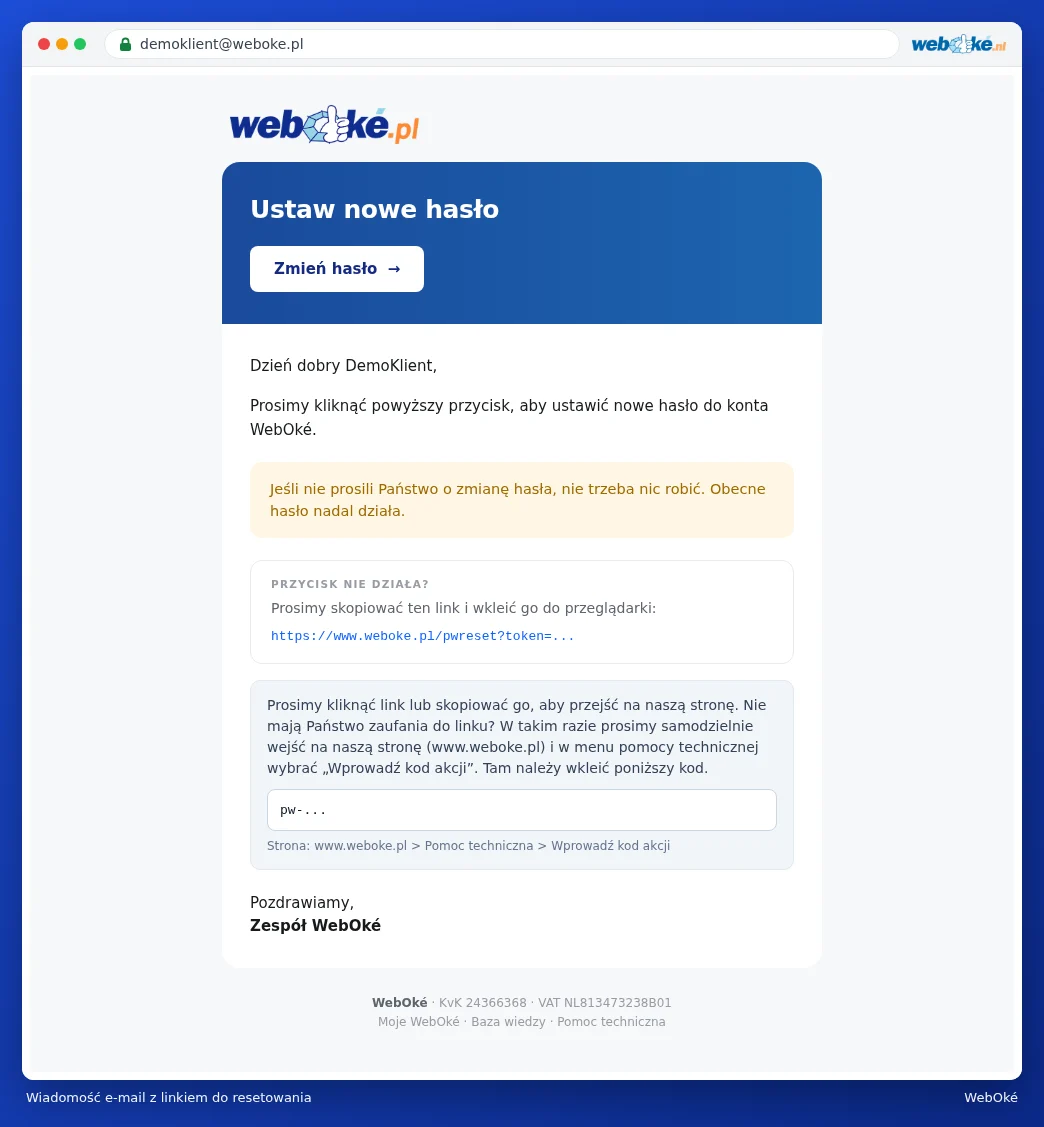 Wiadomość e-mail Ustaw nowe hasło z przyciskiem Zmień hasło