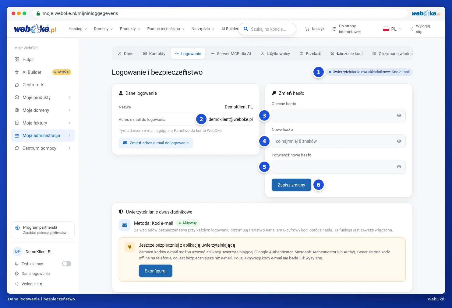 Ekran Dane logowania i bezpieczeństwo z adresem e-mail do logowania i kartą Zmień hasło