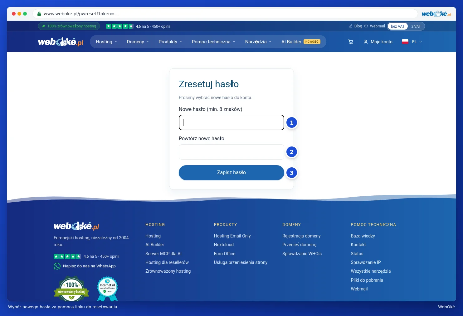 Ekran wyboru nowego hasła, z dwoma polami na hasło i przyciskiem Zapisz hasło