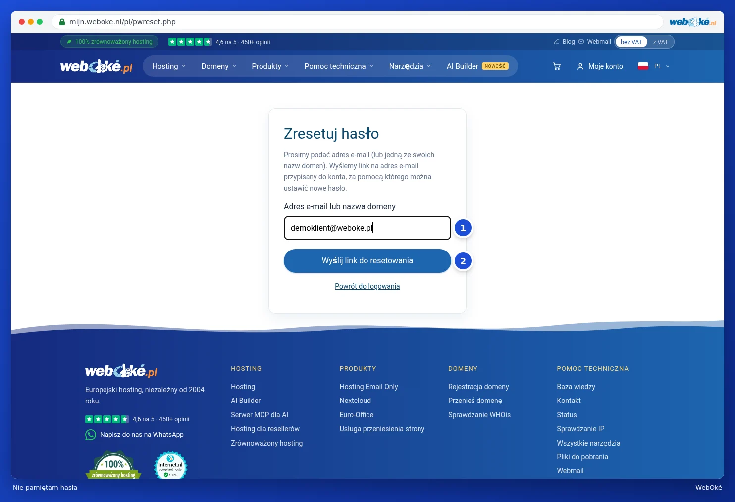 Ekran Ustaw hasło ponownie z polem Adres e-mail lub nazwa domeny