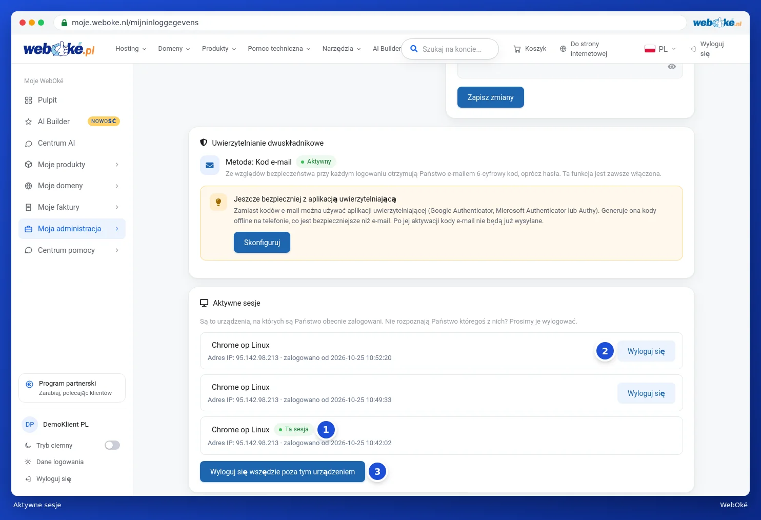 Karta Aktywne sesje z przeglądarką, adresem IP i czasem logowania dla każdej sesji