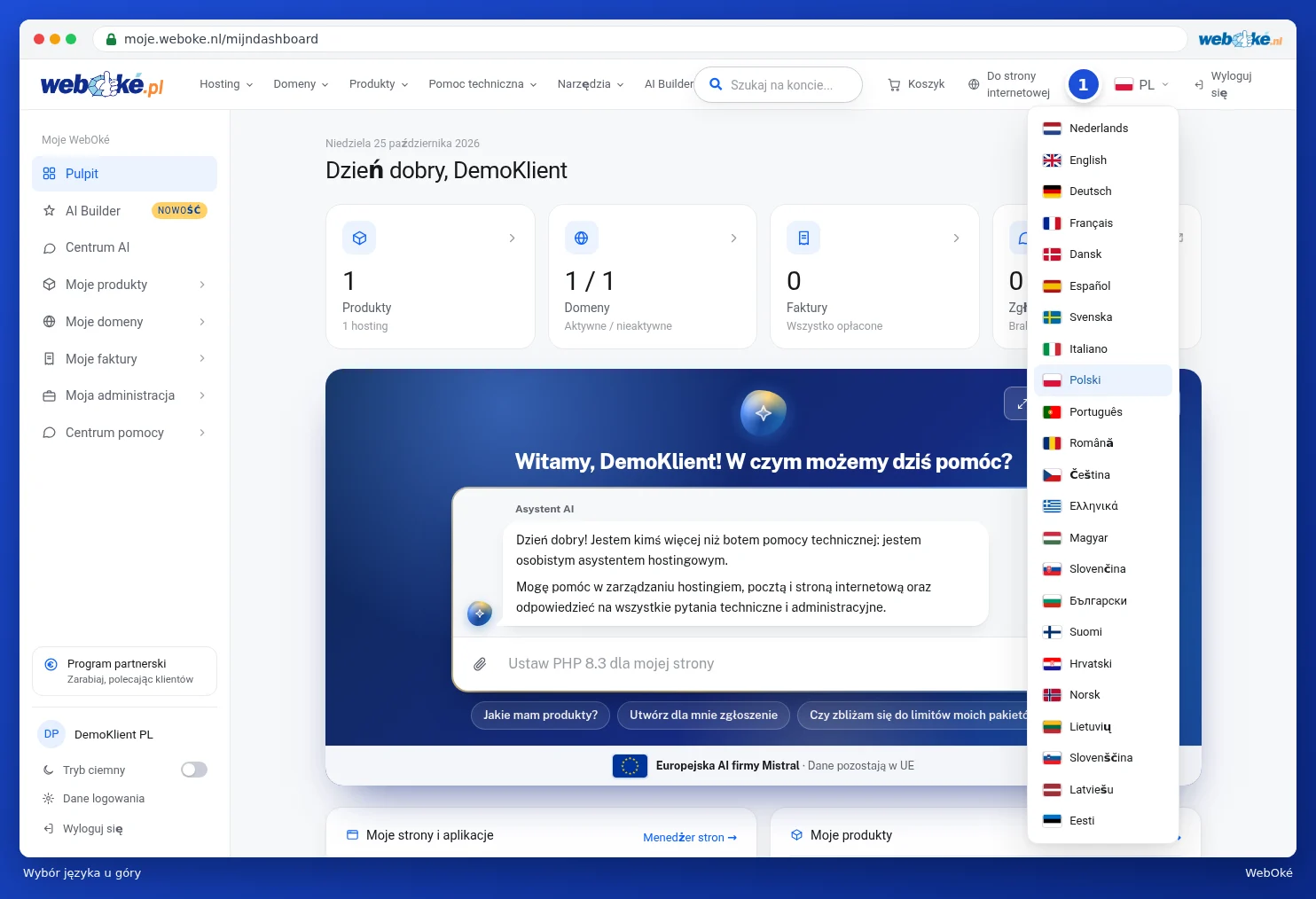 Wybór języka w prawym górnym rogu z listą języków