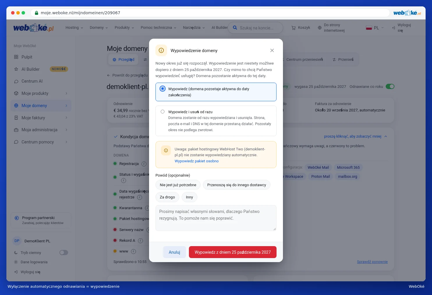 Okno Wypowiedzenie domeny, które otwiera się po wyłączeniu automatycznego odnawiania