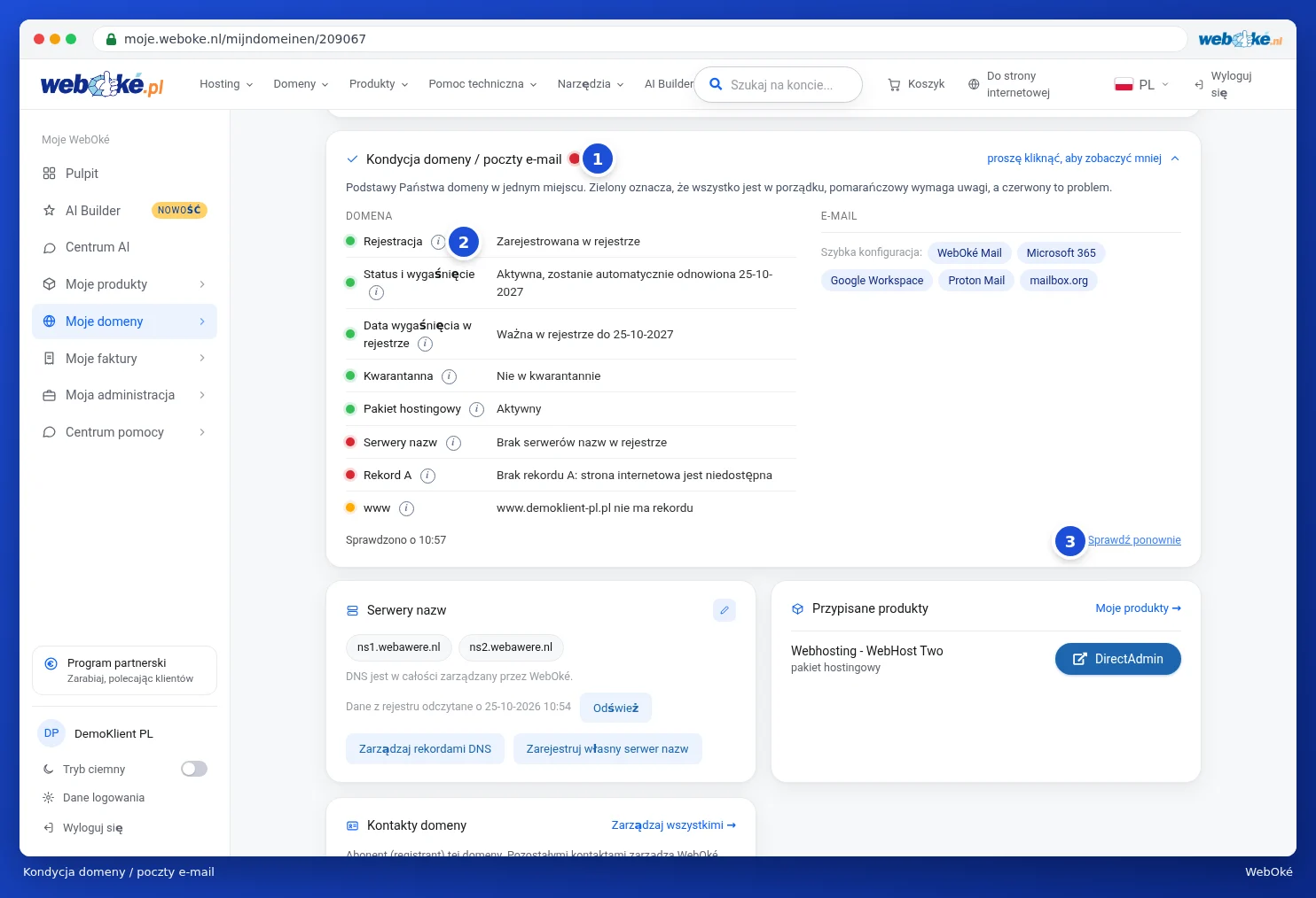 Karta Kondycja domeny / poczty e-mail z kontrolami i kolorowymi kropkami