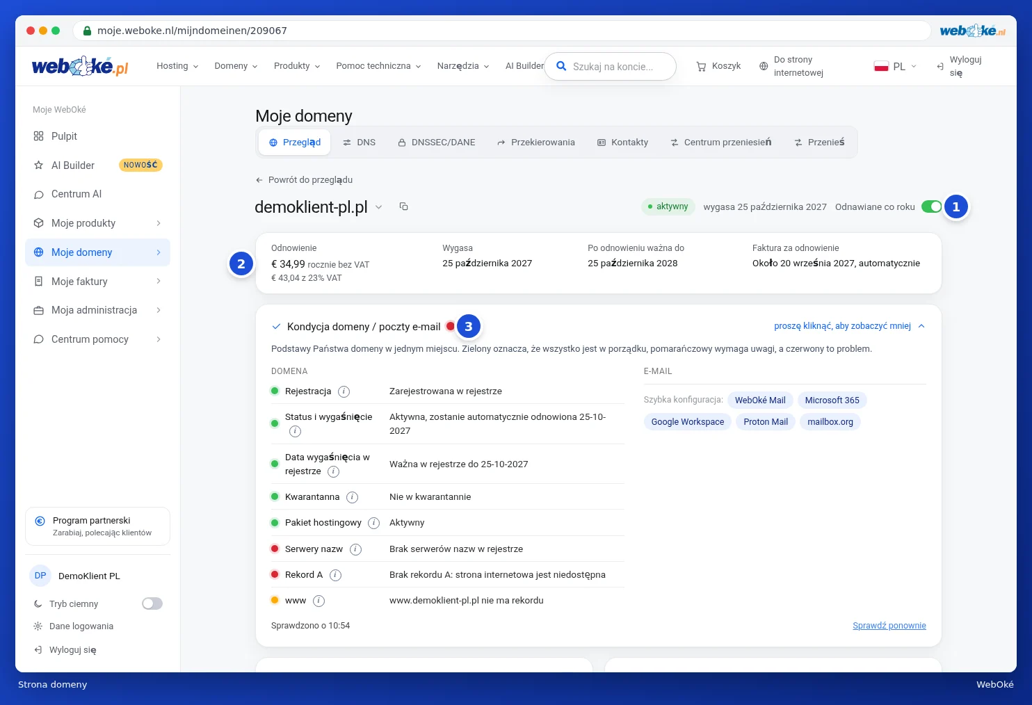 Górna część strony domeny z odnowieniem i stanem Domena / Email
