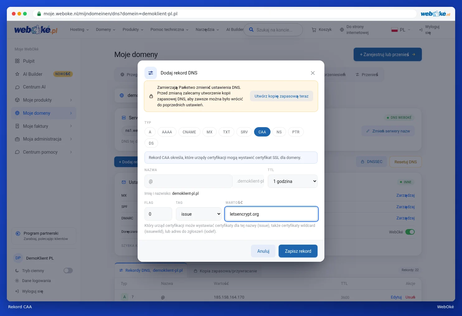 Okno z rekordem CAA dla letsencrypt.org