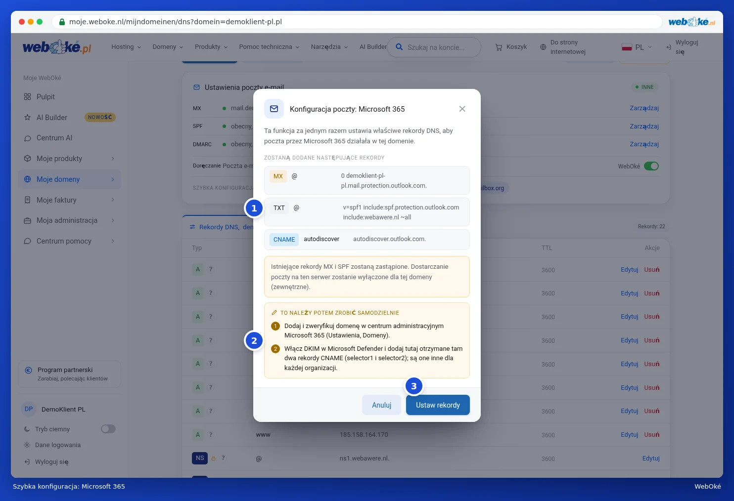 Okno Konfiguracja poczty e-mail dla Microsoft 365 z rekordami i krokami, które należy wykonać samodzielnie