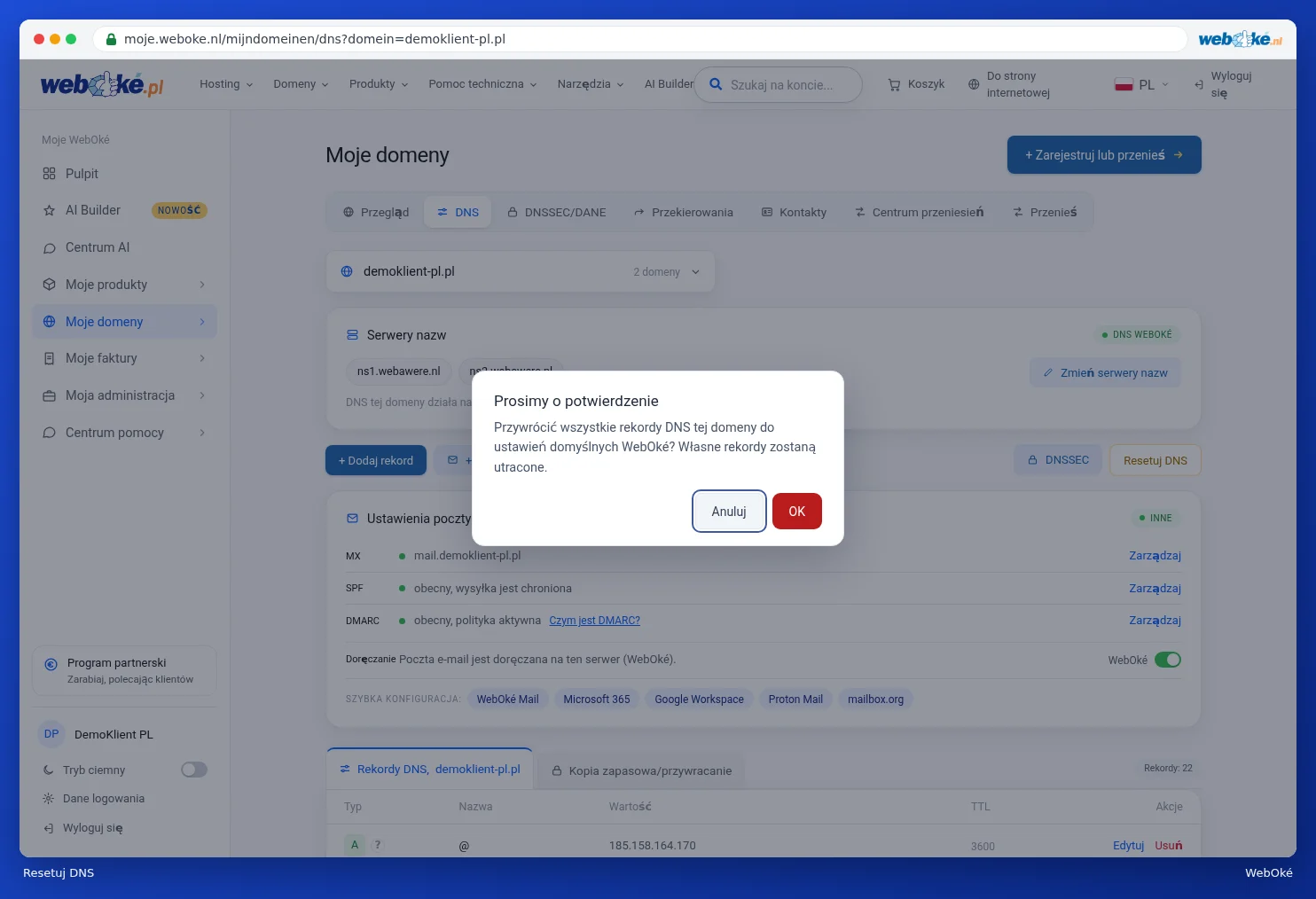 Pytanie, czy chcą Państwo przywrócić wszystkie rekordy DNS do standardu WebOké