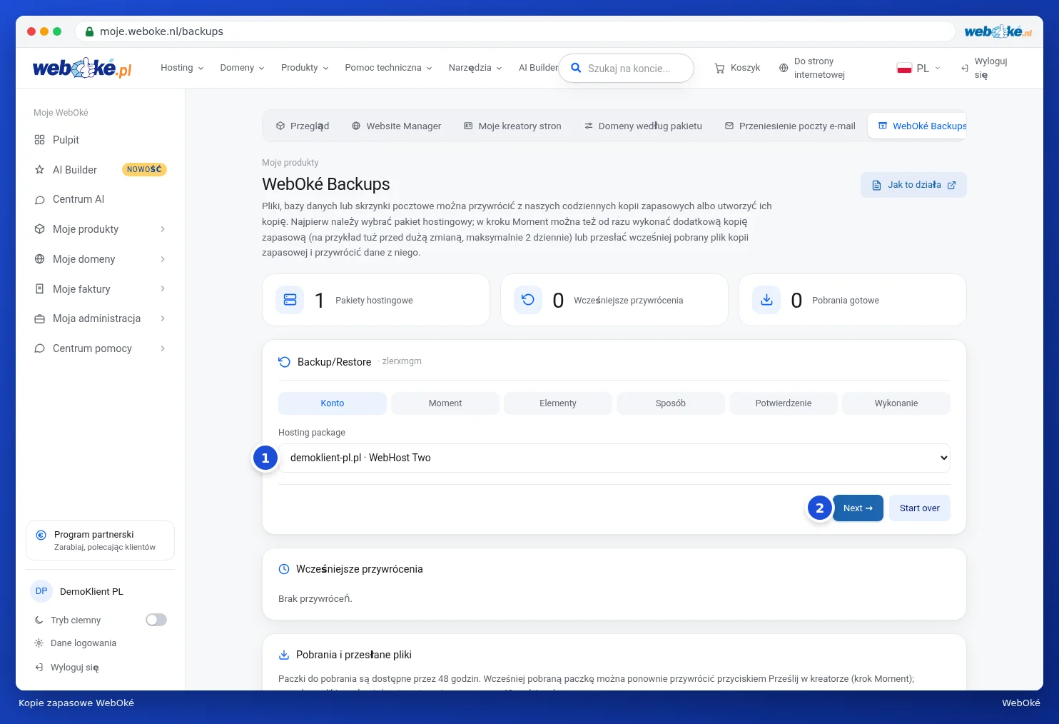 Strona WebOké Backups z kreatorem i wyborem pakietu hostingowego