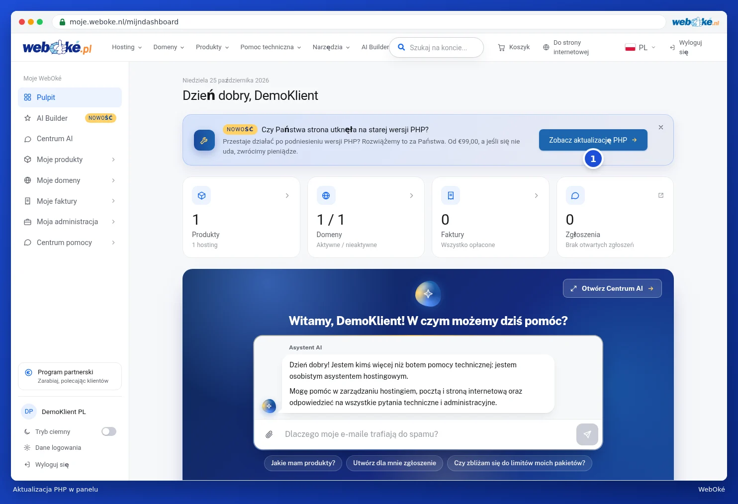 Komunikat o aktualizacji PHP na górze pulpitu