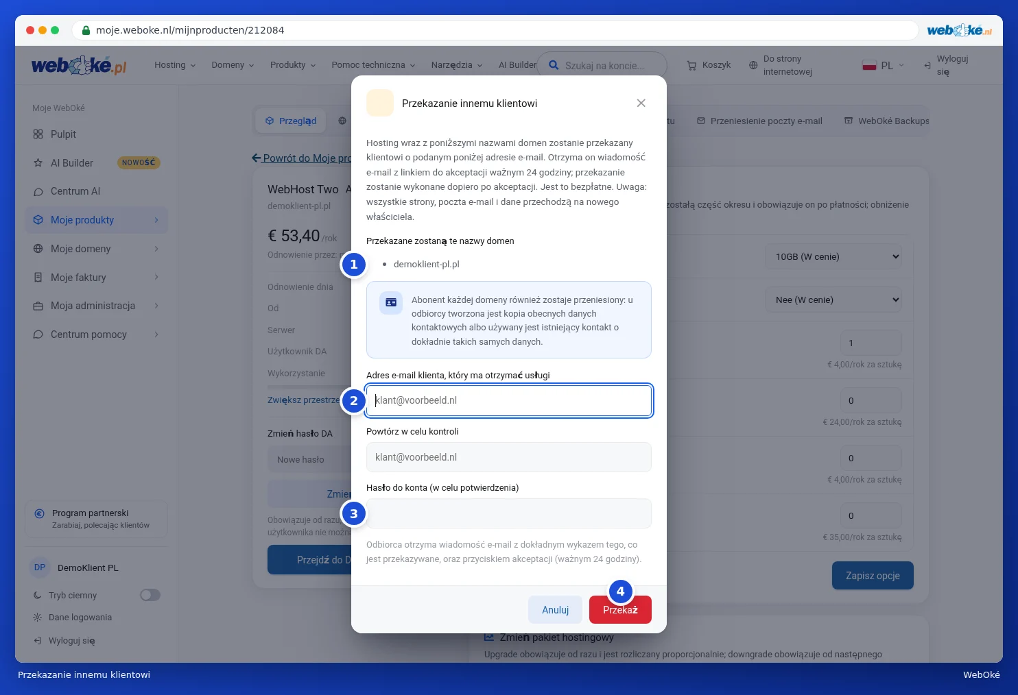 Okno Przekazanie innemu klientowi z domenami, adresem e-mail i hasłem