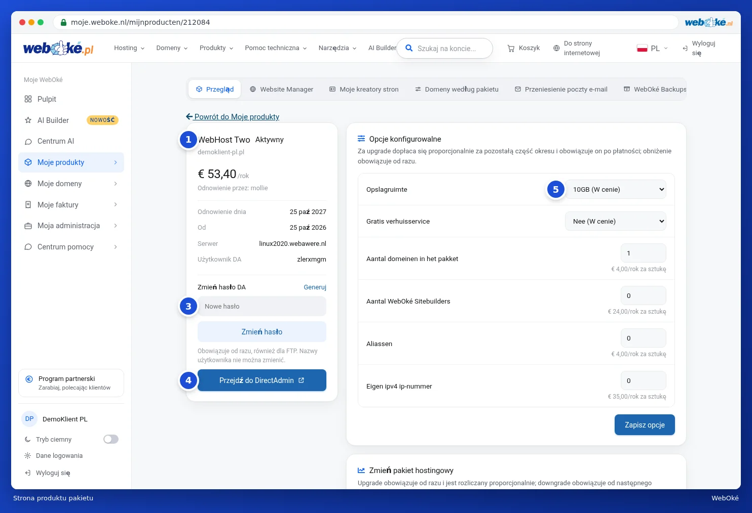 Strona produktu WebHost Two, po lewej dane pakietu, po prawej opcje konfigurowalne