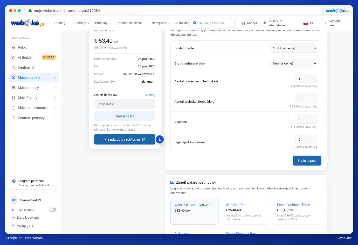 Przycisk Przejdź do DirectAdmin na stronie produktu