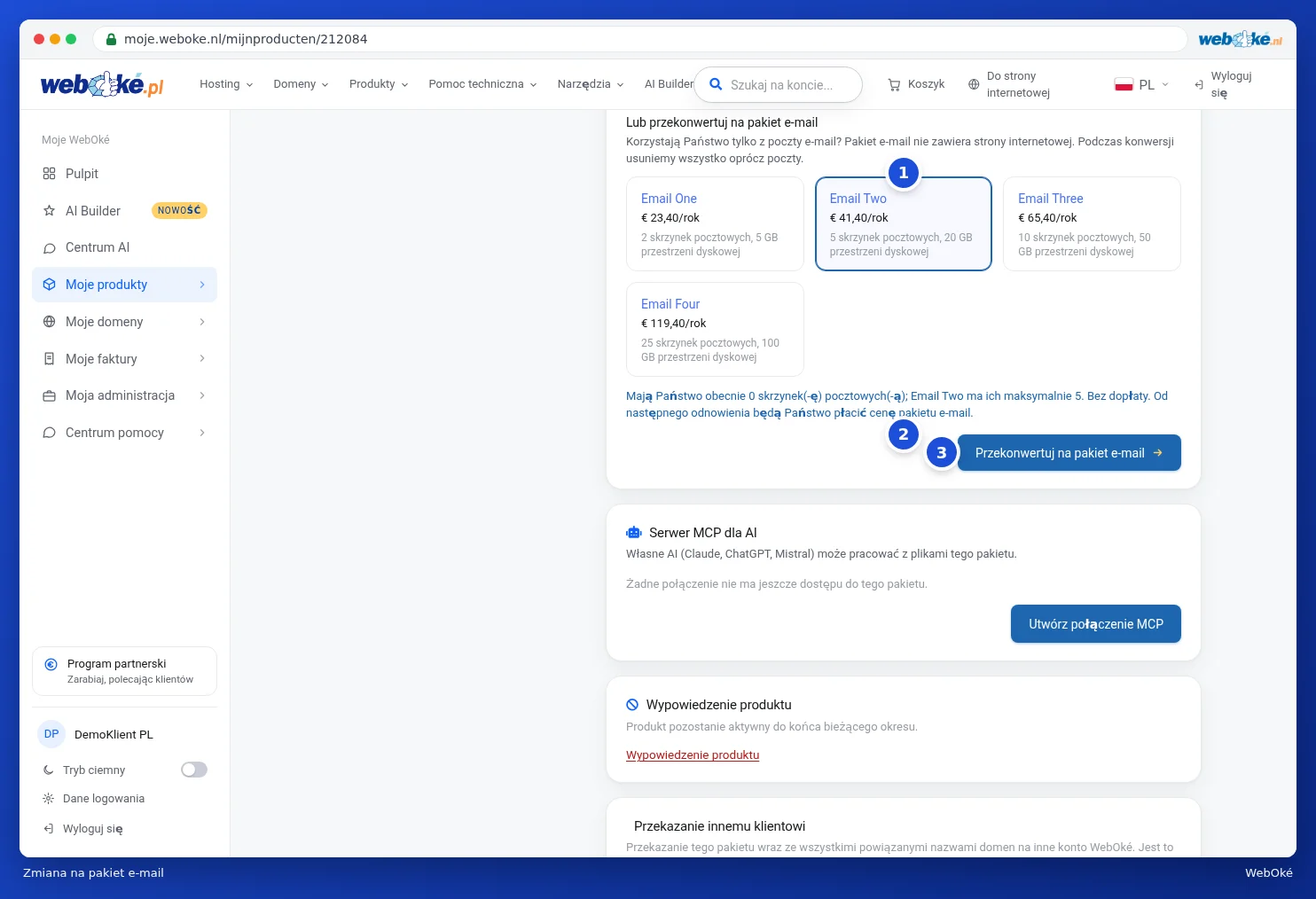 Wybrany pakiet e-mail z liczbą skrzynek pocztowych oraz przyciskiem Przekonwertuj na pakiet e-mail