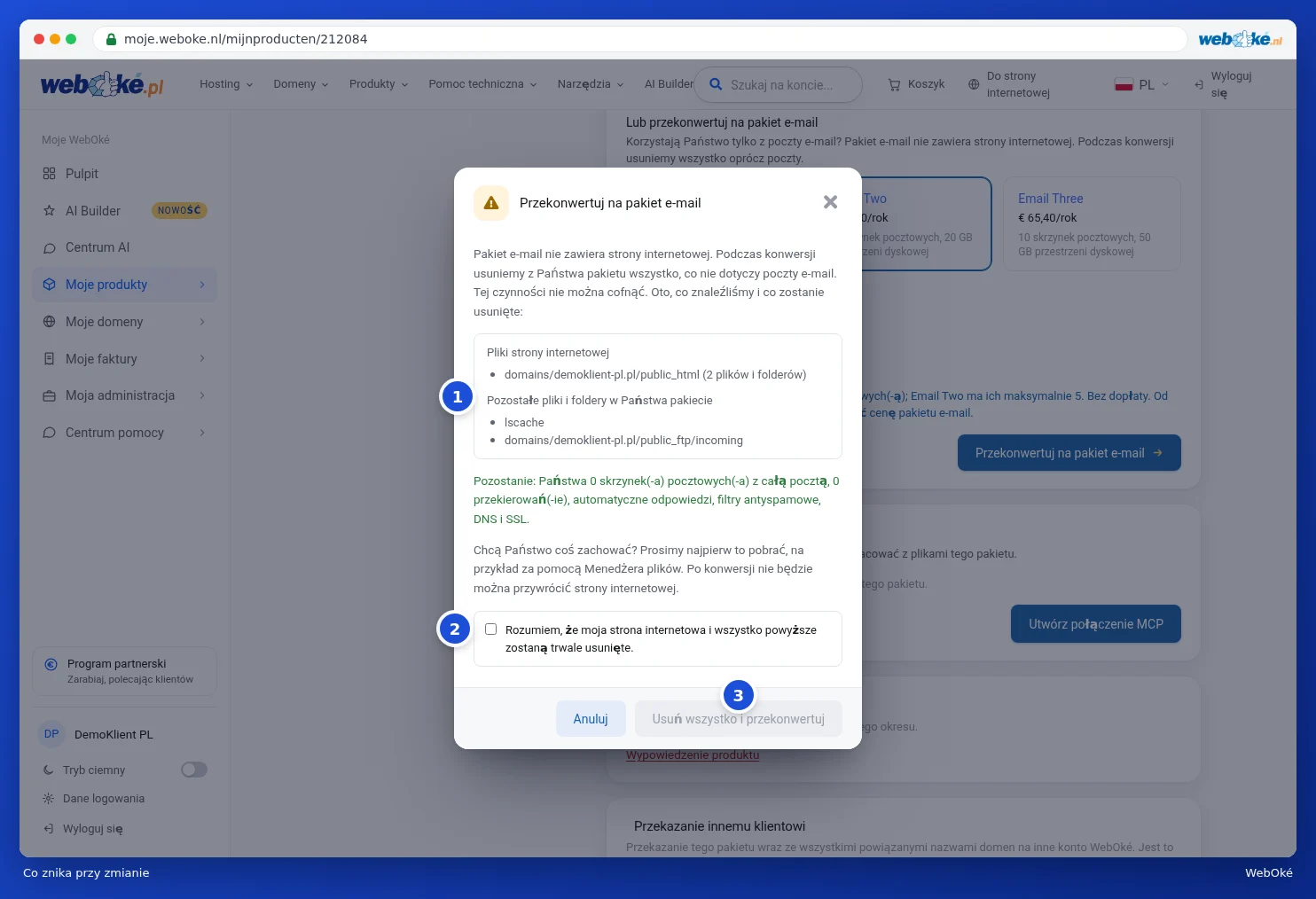 Okno Przekonwertuj na pakiet e-mail z informacją o tym, co zostanie usunięte, a co pozostanie