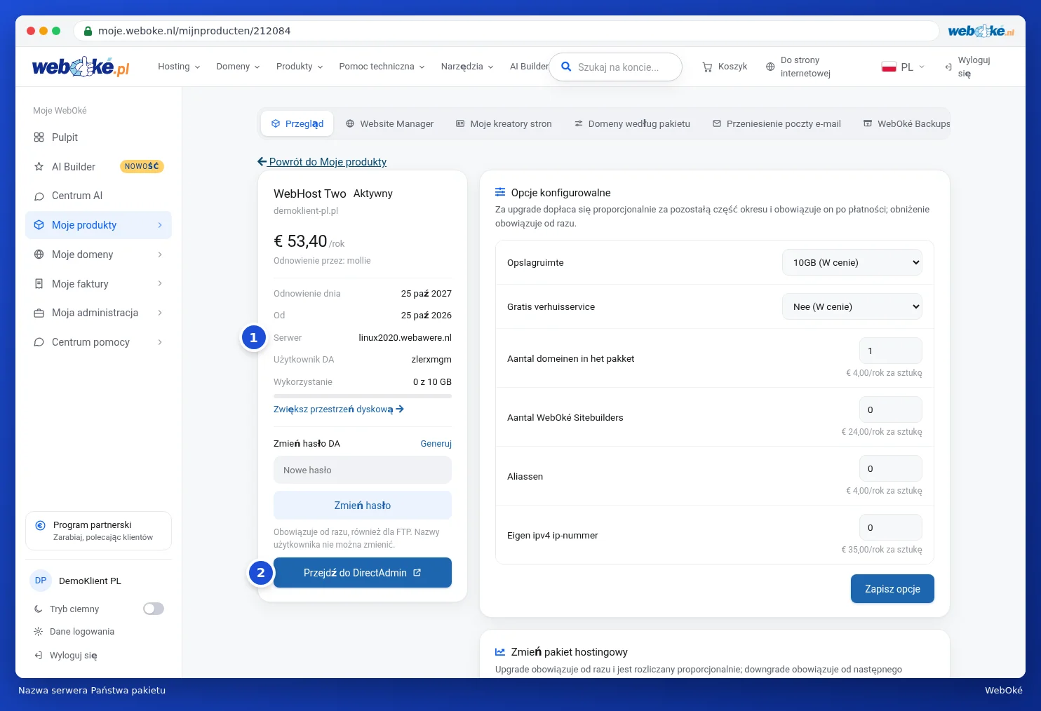 Strona produktu z nazwą serwera przy polu Serwer oraz przyciskiem Przejdź do DirectAdmin