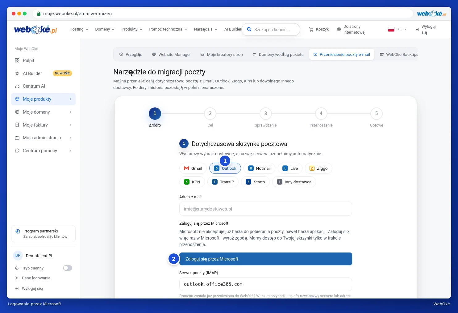 Pierwszy krok z wybraną opcją Outlook i przyciskiem Zaloguj się przez Microsoft