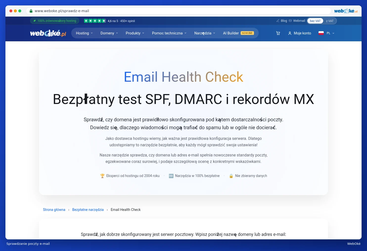 Kontrola poczty e-mail na stronie internetowej z polem wprowadzania
