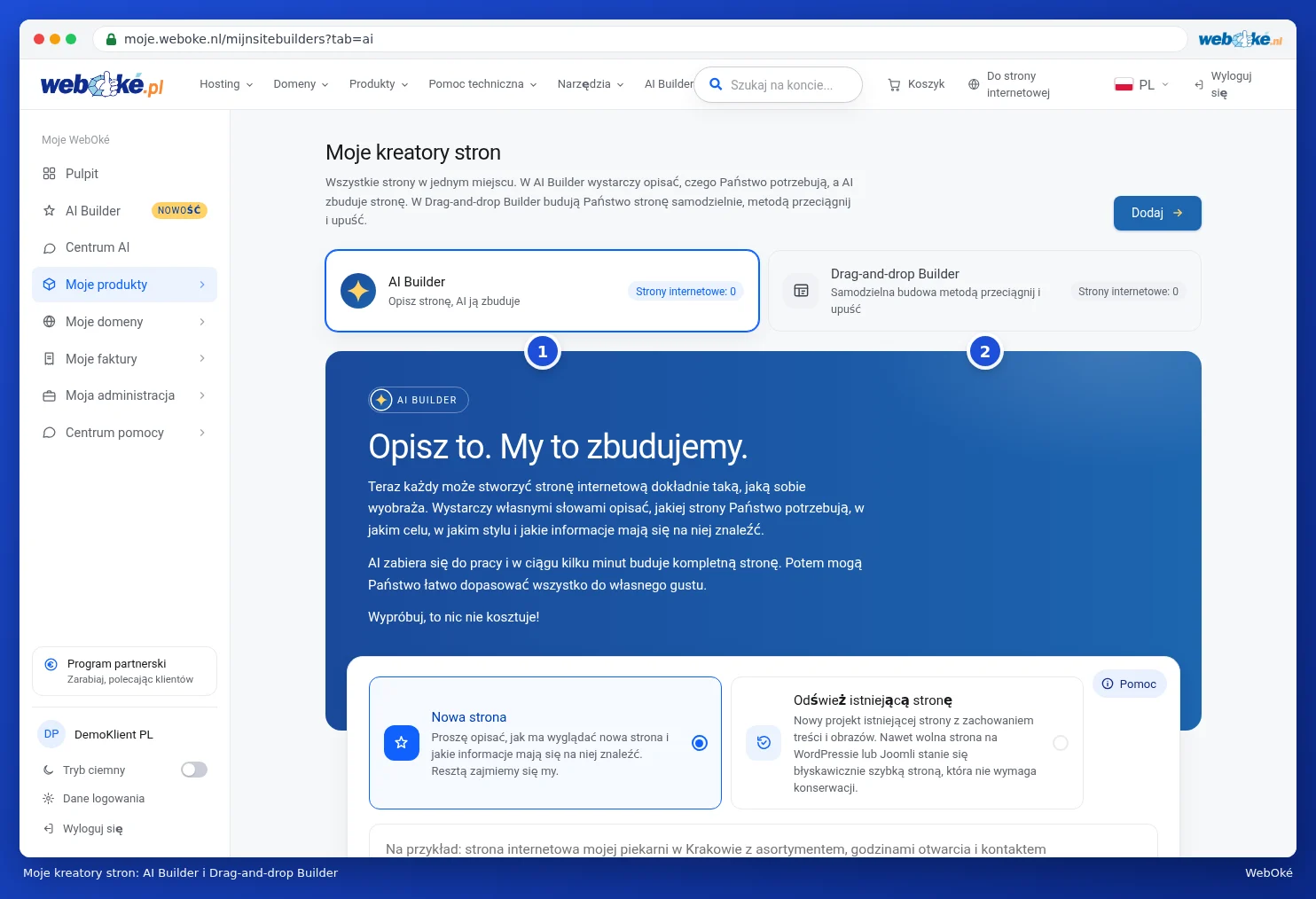 Moje kreatory stron z zakładkami AI Builder i Drag-and-drop Builder