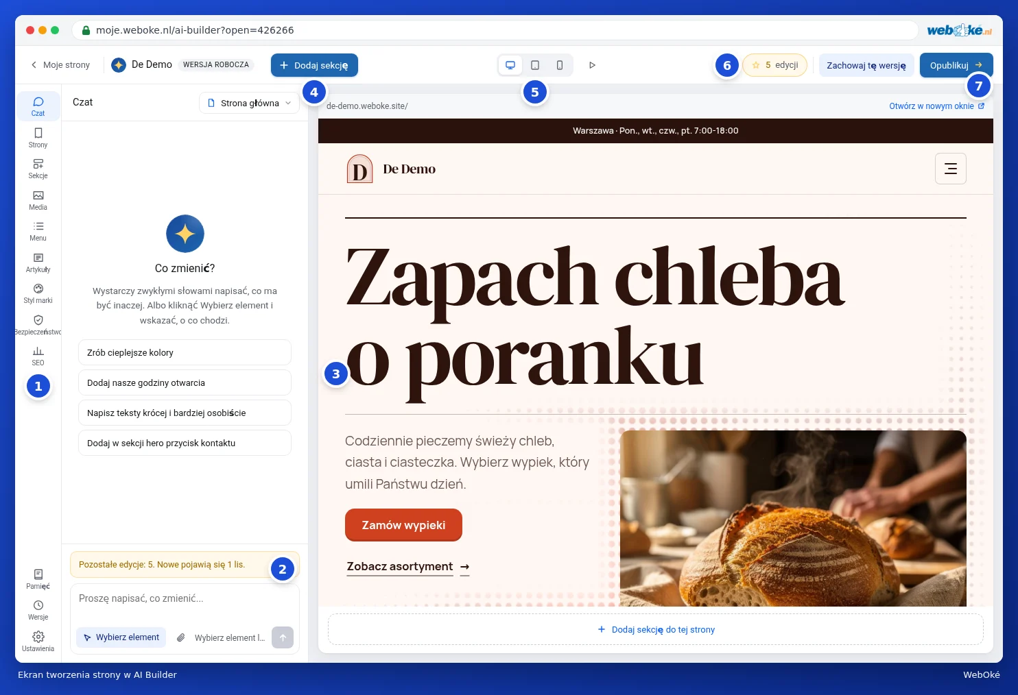 Ekran budowania z paskiem i czatem po lewej oraz podglądem strony po prawej