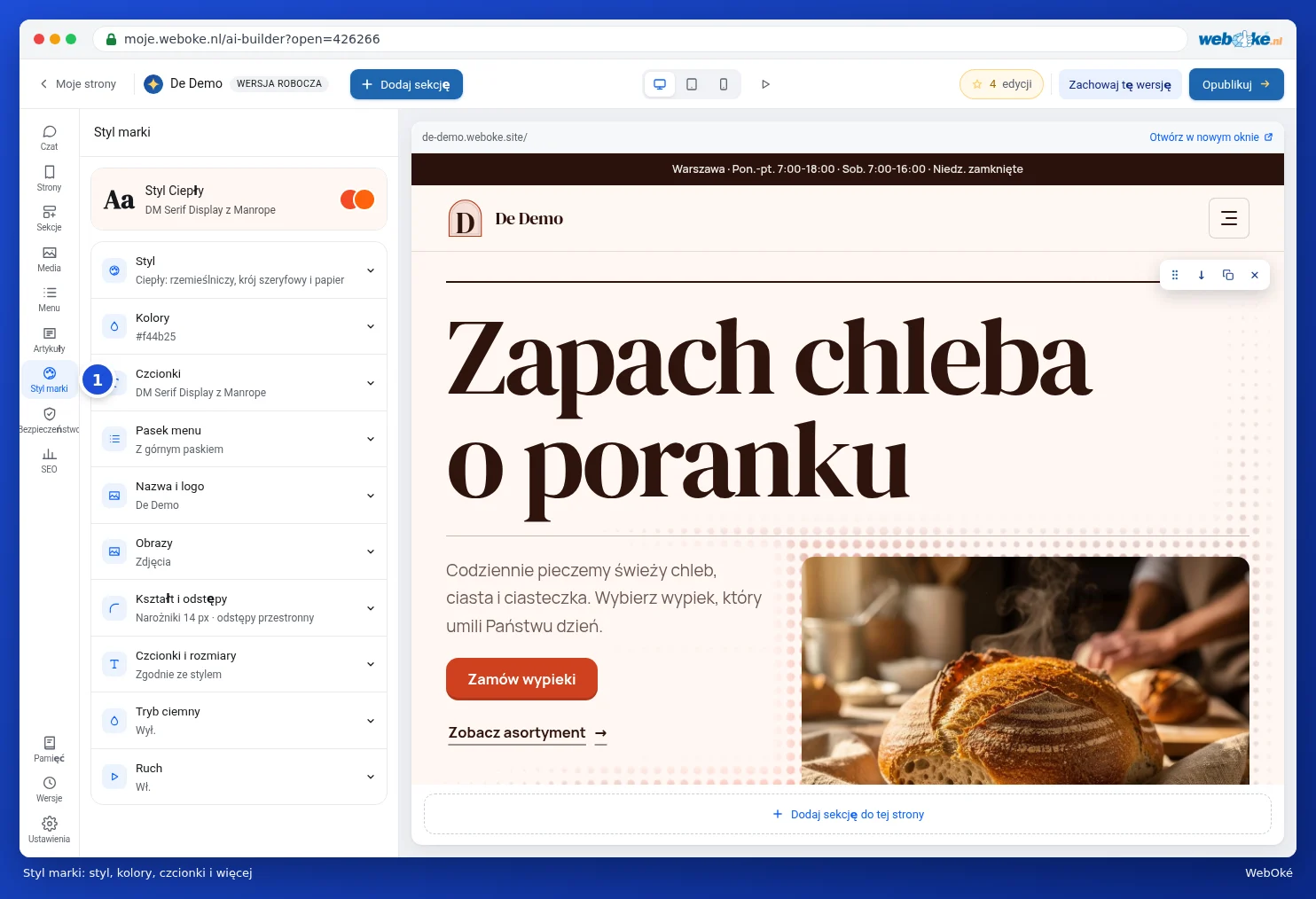 Panel Styl marki z pozycjami Styl, Kolory, Czcionki i inne