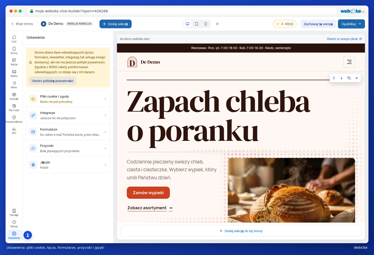 Panel Ustawienia z plikami cookie, integracjami, formularzami, przyciskami i językami